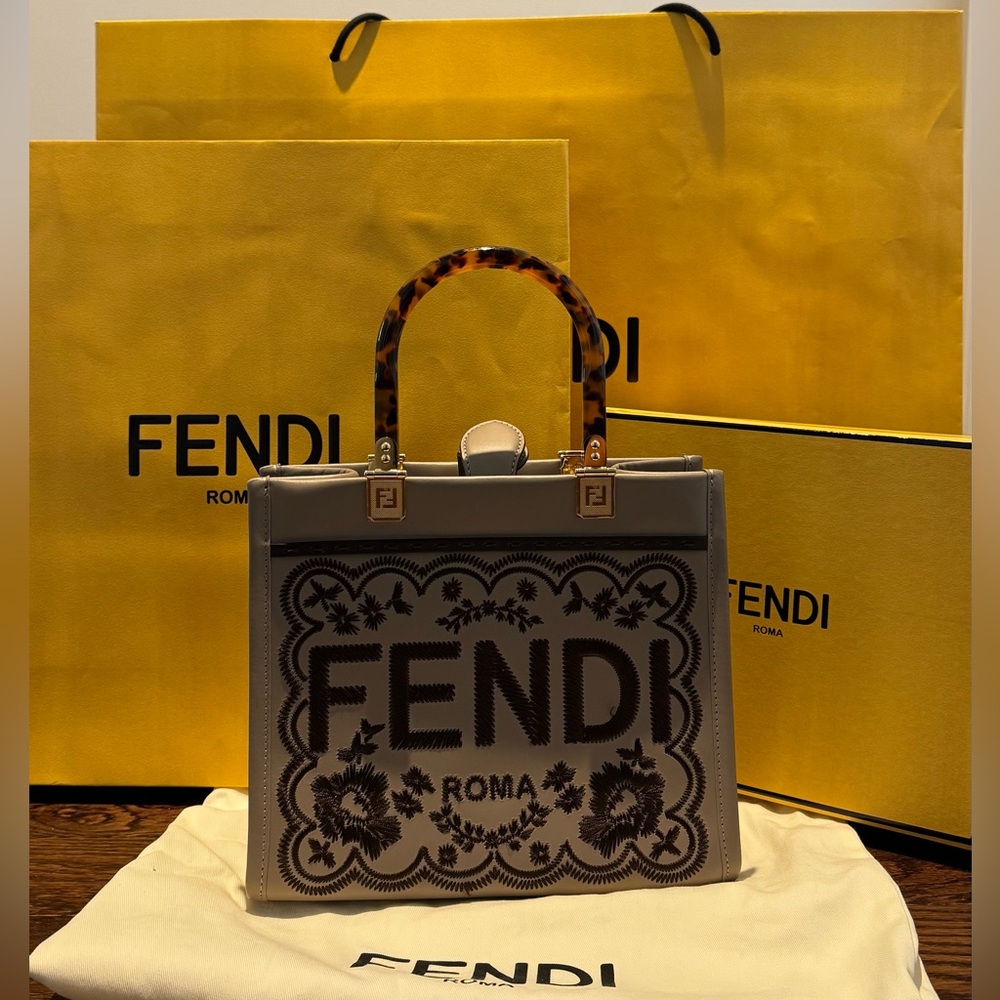 Fendi Small Sunshine Tote with Embroidered Logo and Flowers